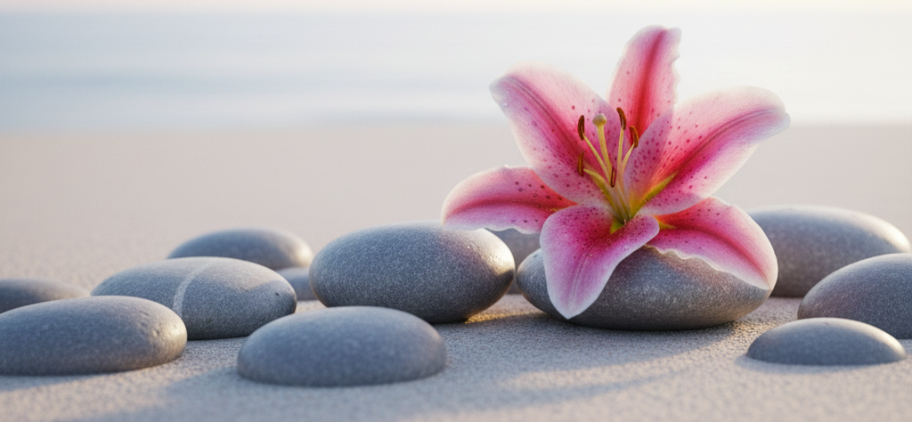Fleur rose et galets zen sur fond clair, image de détente utilisée dans le cabinet de bien-être à Amplepuis.