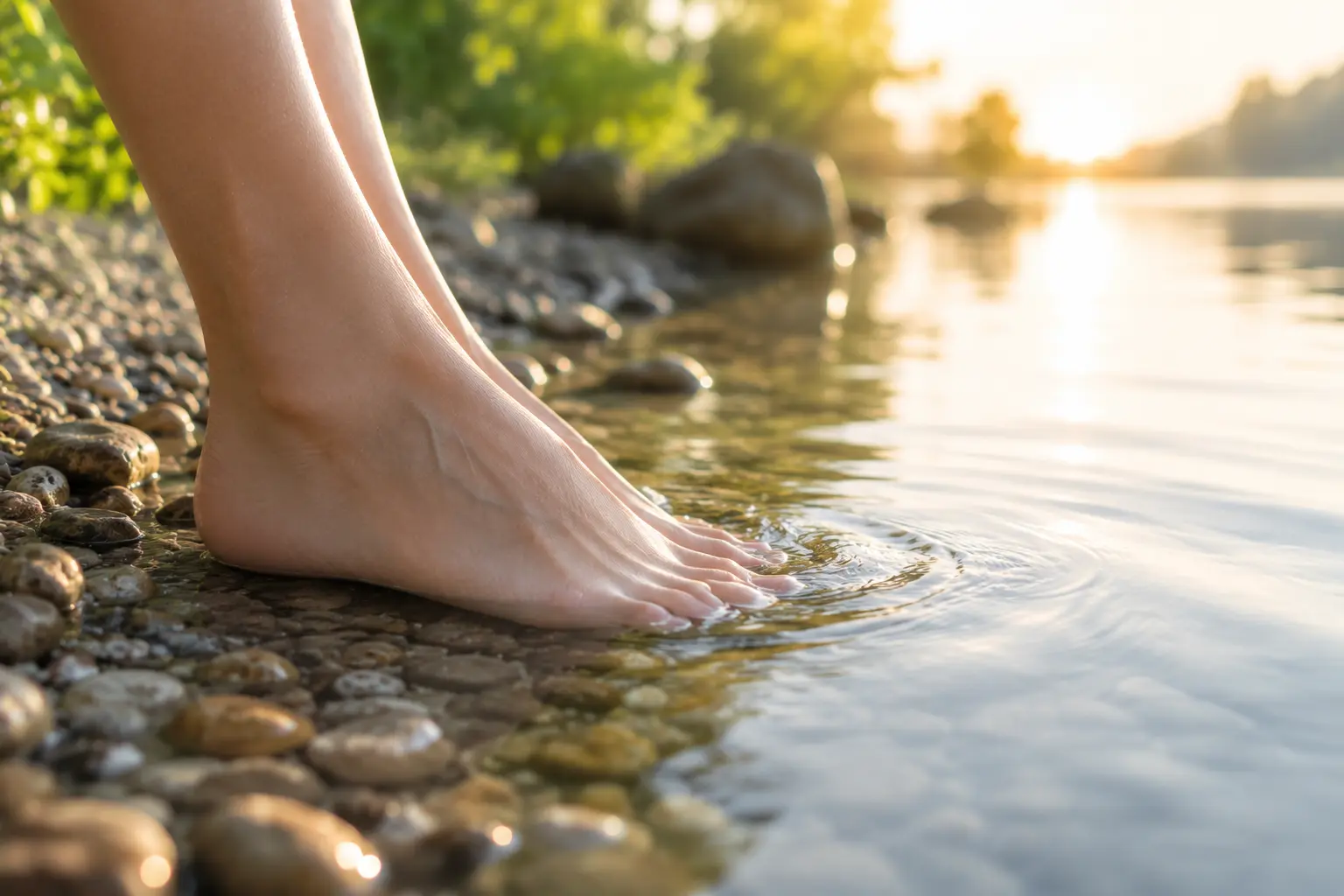 Pieds nus au bord de l’eau dans une ambiance apaisante évoquant la réflexologie plantaire et l’équilibre du corps